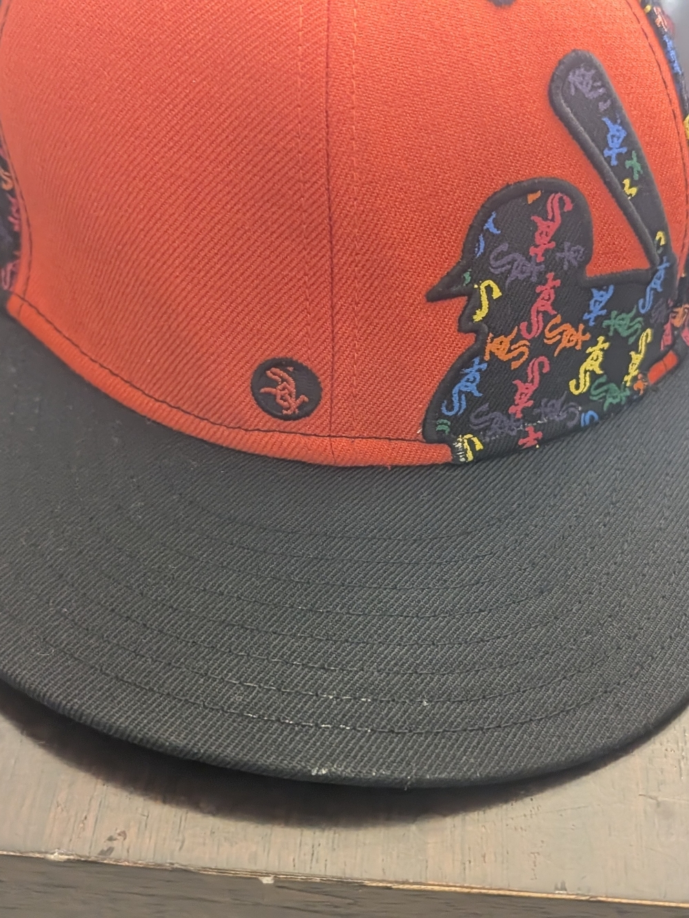 Orange & Black Baseball Hat with Rainbow Embroidered Written Sox Patches